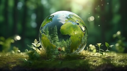 World environment and earth day concept with glass globe and eco friendly enviroment.