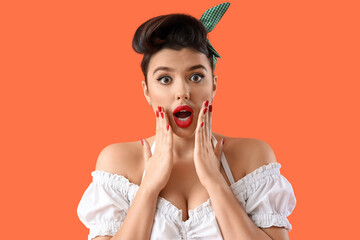 Sticker - Shocked young pin-up waitress on orange background, closeup