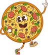 Cartoon retro pizza groovy character celebrate party and dance. Isolated vector vibrant, hippie, whole pepperoni fast food personage with wide, cheesy grin, exudes a cool, funky vibes of 60s or 70s