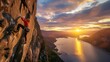 A climber rock climbing during the golden sunrise. Generate AI image