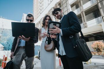 Wall Mural - Three business professionals working together on a sidewalk, using laptop and smart phone technology, in a bustling city environment.