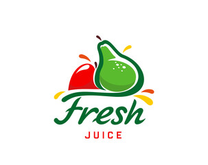 Wall Mural - Fresh juice icon, pear and apple fruit drink or smoothie label, vector emblem. Fruit juice package icon of red apple and pear with juicy drops splash in flat line for natural organic beverage