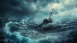 boat in distress ship sailing in storm on rough sea about to sink clearing sky digital art