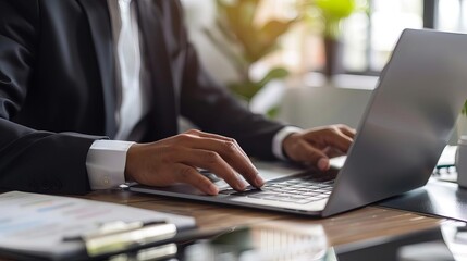 businessman downloading files or installing software on laptop cloud storage and cyber security concept