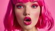 expressive woman with vibrant pink wig wide open mouth and bold pink lips makeup beauty portrait