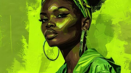 Wall Mural - fashionable black woman in vivid green clothing high fashion editorial portrait digital illustration