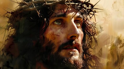 Wall Mural - intense portrait of jesus christ with crown of thorns religious digital painting
