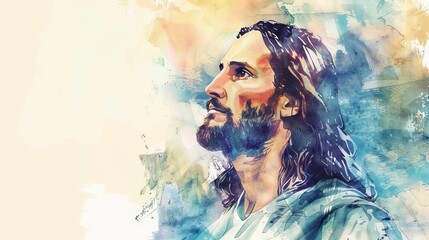 Wall Mural - serene watercolor portrait of jesus christ with ample copy space spiritual and religious concept illustration