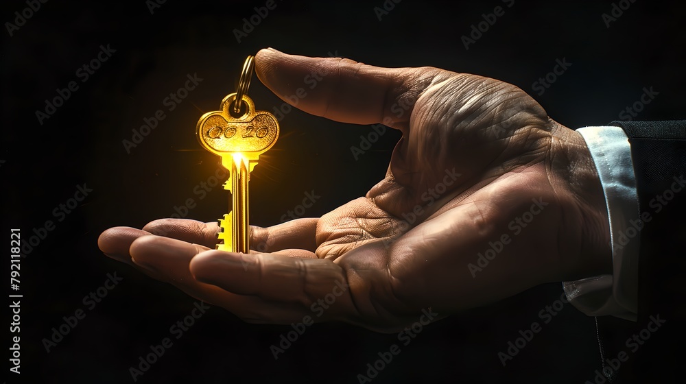 Glowing golden key in a hand, symbolizing solution and success. A ...