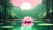 Pink Lotus Flower Floating on Lake, Minimalistic Flat Vector Illustration