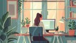 Girl woman working at computer home concept drawing painting art wallpaper background