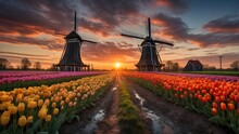 Landscape With Colorful Tulips With Traditional Dutch Windmill And Sunset With Sky In Background.