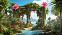 A Lush, Tropical Paradise Filled With Vibrant Green Foliage And Exotic Flowers, All Centered Around A Towering, Majestic Plant That Seems To Radiate Life And Energy.
