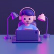 3d icon of a man working with the computer in blue and purple colors setup
