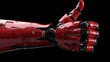 Digital generated image of AI robot's hand made of red metal showing thumbs up against black background.

