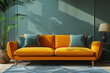 Modern living room interior with yellow velvet couch and green wall, generative ai