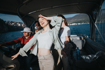 Poster - Joyful friends on a boat share a moment of laughter and relaxation during a vacation trip on a sunny day.