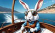 wallpaper for children representing a rabbit piloting a boat, off the coast of Nice, with a hilarious smile