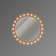 Light circle banner isolated on transparent background. Vector round Hollywood bulbs frame. Las Vegas casino night sign. Glowing fairy Christmas garland string, border or makeup mirror with lamps