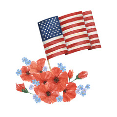 Memorial Day clipart. US flag, red poppy flower, forget-me-nots. Patriotic hand drawn watercolor home of the brave card, remember and honor banner, commemorative events, veteran salute flyer, sale