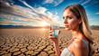 Beautiful woman with a glass of water on desert background