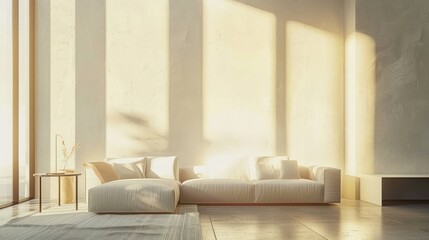 Wall Mural - Luxury minimalist house interior design of living room with single couch. AI generated image