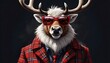 A middle-aged male reindeer with long, shaggy white fur wearing a red plaid jacket and sunglasses, against a dark background
