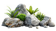 collection Set of different styles of outdoor natural stones or rocks with plants for garden and landscaping decoration cutouts isolated on transparent background 