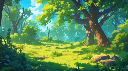 Wall Mural - A vibrant summer scene unfolds before us showcasing a lush forest with towering trees and verdant grass carpeting a sunlit clearing This lively 2d cartoon captures the essence of a tranquil 