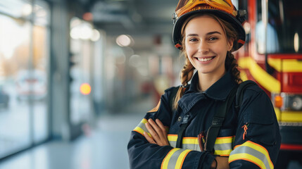 Wall Mural - Portrait of a female firefighter wearing full uniform while smiling at the camera