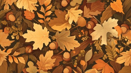 Wall Mural - Illustration featuring a autumn pattern of oak leaves with acorns creating a vibrant and colorful display of nature The design showcases cartoon style brown and orange foliage comp