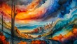 An alcohol ink mosaic depicting stormy skies at sunset, with swirling grays and dark blues 