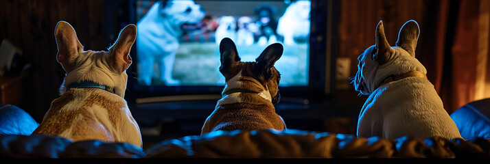 Wall Mural - Back view of dogs watching TV in dark living room.