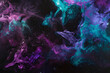 Bold neon galaxy artwork with striking violet and teal nebulae. An eye-catching and imaginative creation.