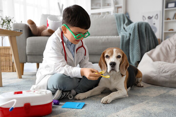 Sticker - Cute little doctor with dental tools and Beagle dog at home