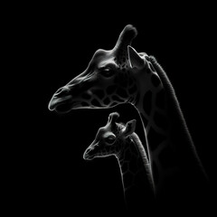 Wall Mural - Black background Rim light a giraffe mother and her baby in profile photography, with the light shining on its fur