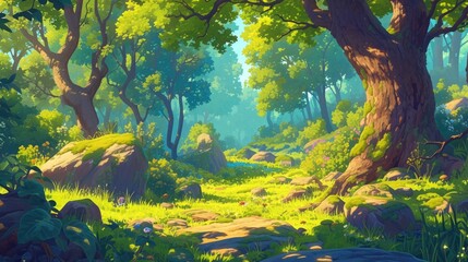 Wall Mural - immerse yourself in a vibrant cartoon forest setting where lush deciduous trees moss covered rocks s