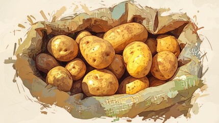 Wall Mural - An illustration featuring a charmingly rustic burlap sack filled to the brim with earthy potatoes each spud boasting a rough dirt speckled skin