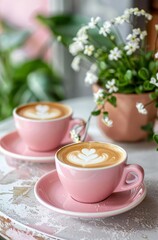 Sticker - Two Cups of Cappuccino Next to Potted Plant