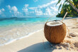 Coconut drink on a beautiful ocean beach, a perfect refreshment for a tropical vacation.