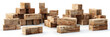A stack of wooden planks and a pile of bricks on white .
