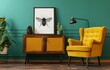 Yellow Chair and Green Wall in Living Room
