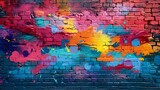 Fototapeta  - Vibrant Abstract Graffiti Art on Weathered Brick Wall in Retro Pop Style. Concept Graffiti Art, Weathered Brick Wall, Retro Pop Style, Vibrant Colors, Abstract Art