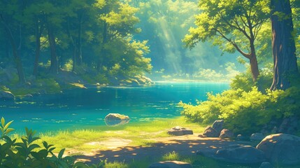 Wall Mural - A vibrant summer forest scene unfolds with a crystal clear lake nestled on a sunlit glade surrounded by lush trees and a winding path This 2d cartoon captures the essence of nature with its 