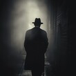 © Arush - Noir-style spy lurking in the shadows of a foggy alley, vintage 1940s attire, fedora hat casting a mysterious shadow over his face, black and white cinematic tones