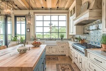 Coastal Farmhouse Kitchen With Whitewashed Cabinets And Butcher Block Countertops,.