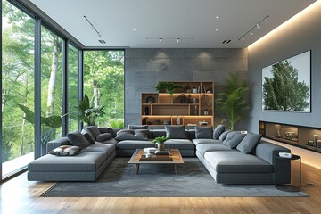 Wall Mural - Interior of modern living room with grey sofas, window and shelving unit,.