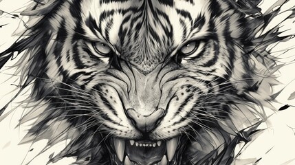 Poster - Hand drawn black and white illustration featuring the striking patterned head of a tiger