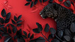 Pantera negra e folhas pretas no fundo vermelho