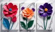 Panel wall art marble Vivid Floral Triptych 3D Art on Marble Background  wall decoration created with generative ai